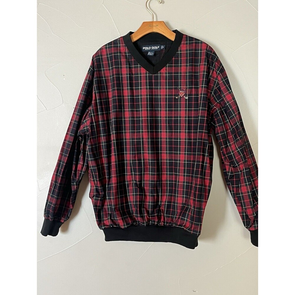 Polo‎ Golf Ralph Lauren Pullover Windbreaker Red Plaid, Waxed Cotton, Mens Small